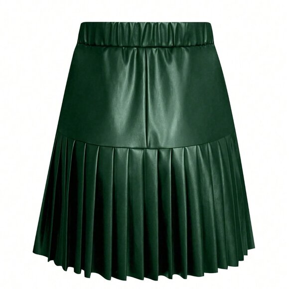 Dark Green Women's Casual Minimalist Pleated faux leather A-Line Skirt - Picture 3 of 5